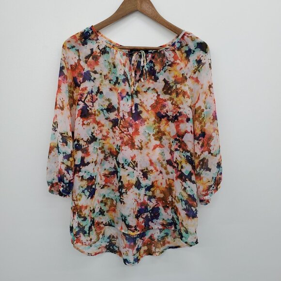 A.n.a Petite Floral Chiffon Blouse Size PL Sheer Peasant Tie Neck Boho Top - Picture 4 of 15